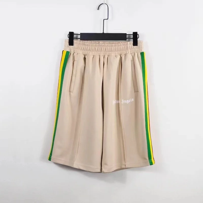 Palm Angels Track Shorts Beige with Green & Yellow Stripes