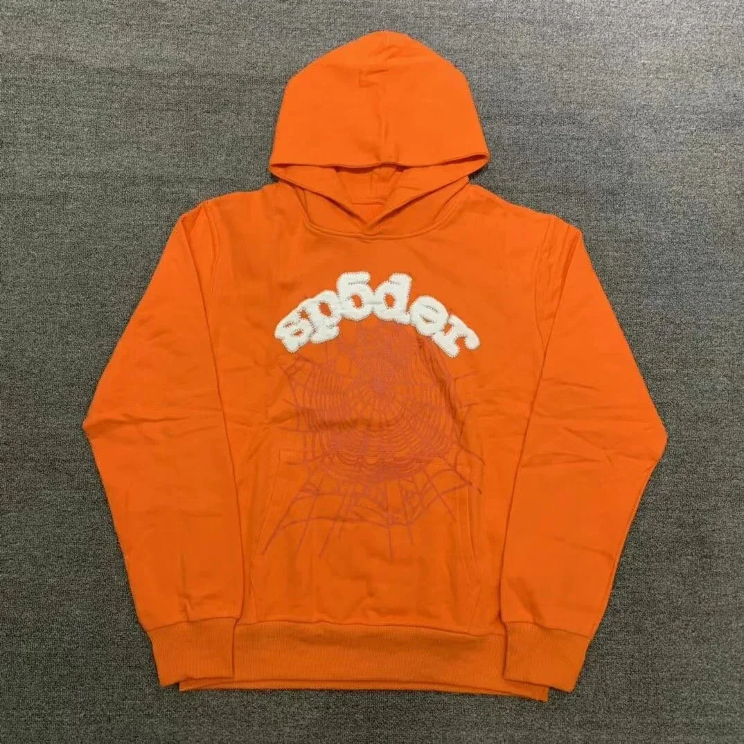 SP5DER Spider Orange Hoodie with Web Print