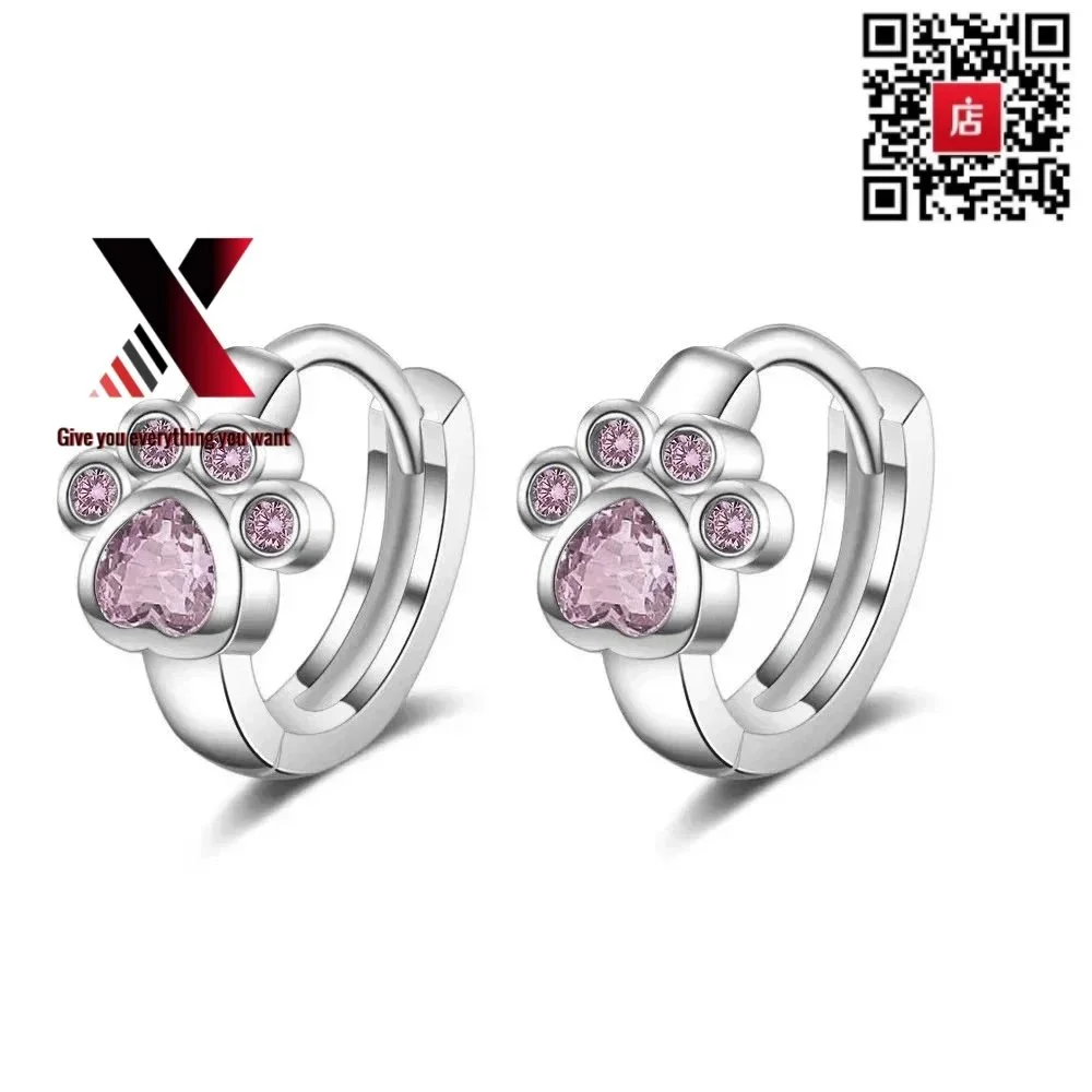 Silver Paw Print Earrings with Pink Cubic Zirconia