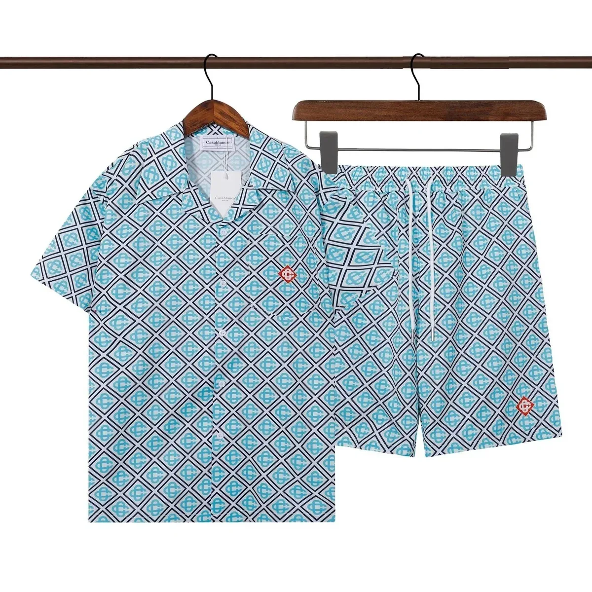 Casablanca Tennis Club Set Blue Geometric Shorts & Shirt