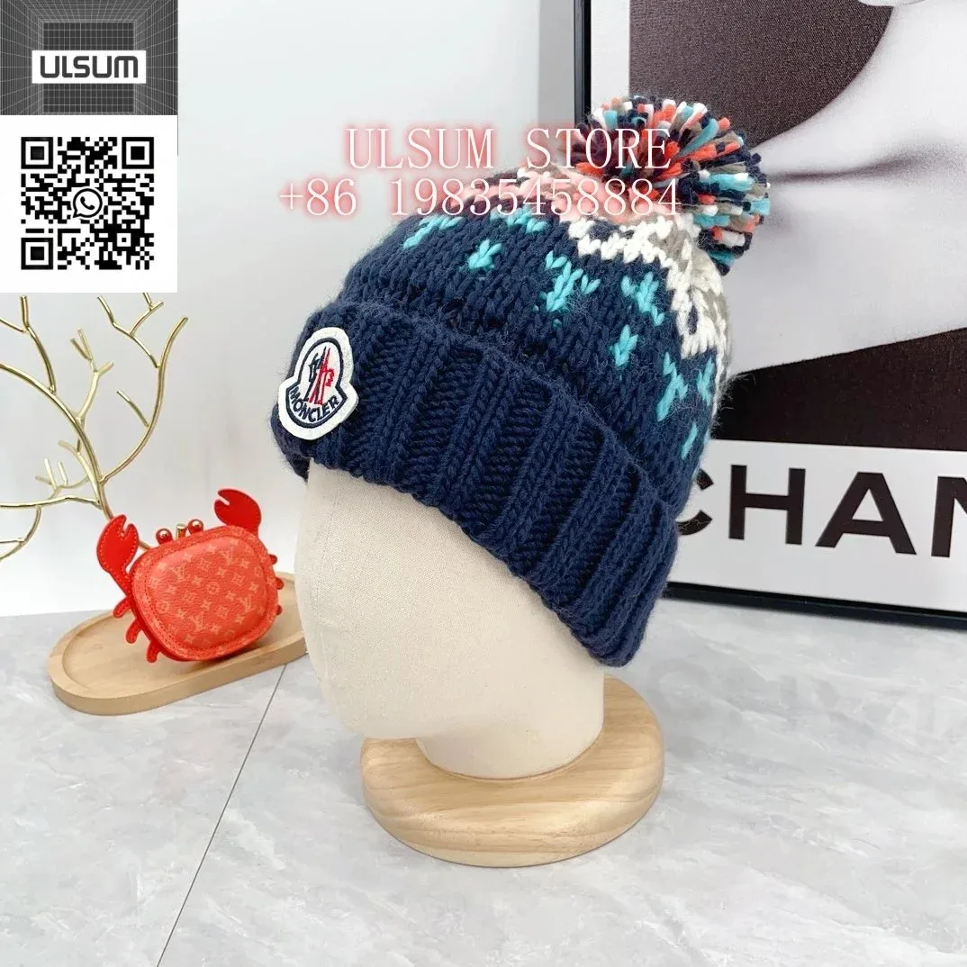 Moncler Blue & White Knit Beanie with Pom-Pom Headwear