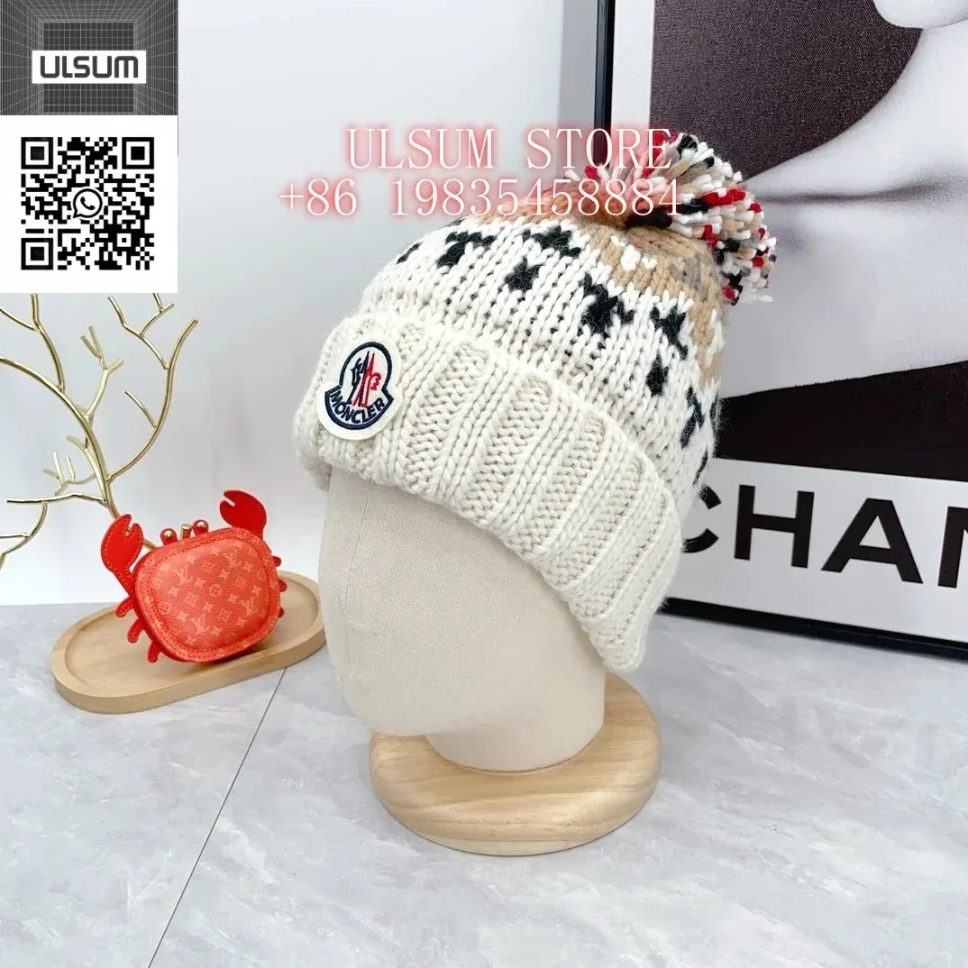 Moncler Beanie with Pom-Pom White/Navy