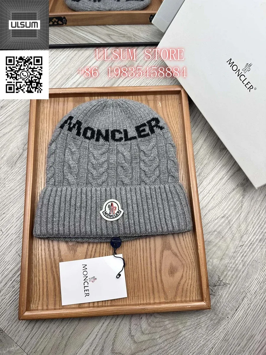 Moncler Grey Cable Knit Beanie Hat