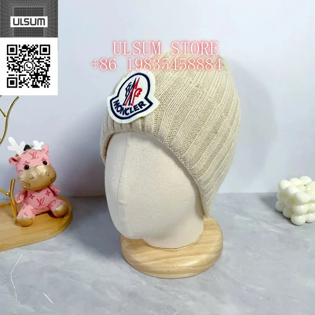 Moncler Beige Logo Knit Beanie