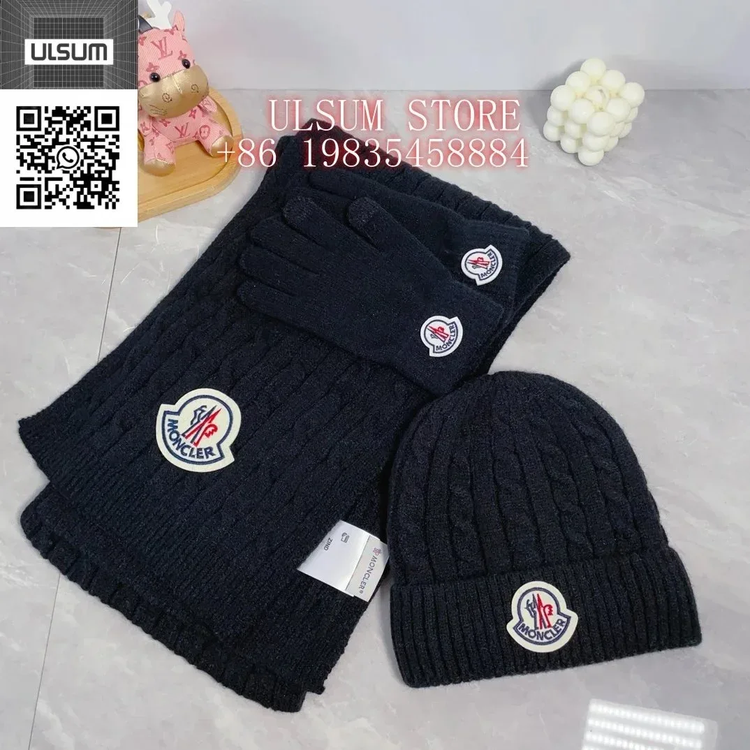 Moncler Black Cable Knit Hat, Scarf & Gloves Set