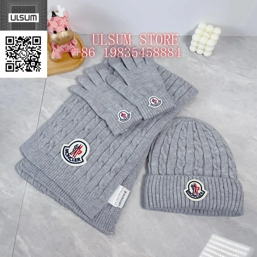 Moncler Grey Cable Knit Hat, Scarf & Gloves Set