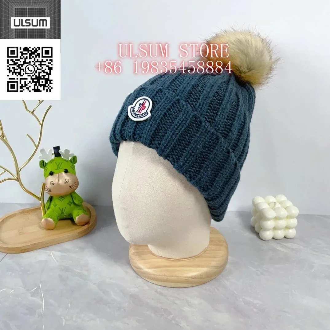 Moncler Blue Fur Pom Beanie Hat