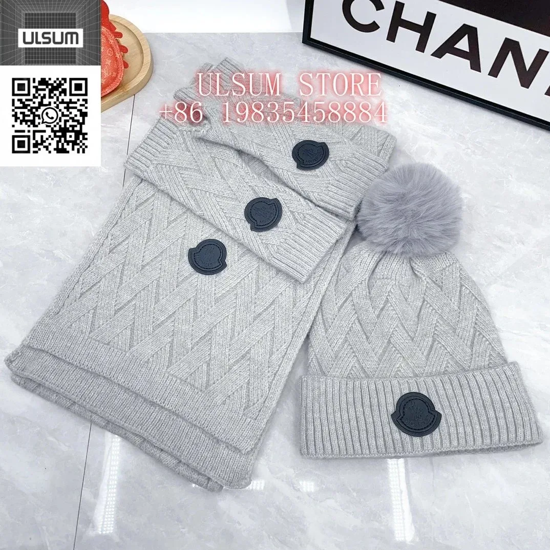 Moncler Grey Cable Knit Hat & Scarf Set