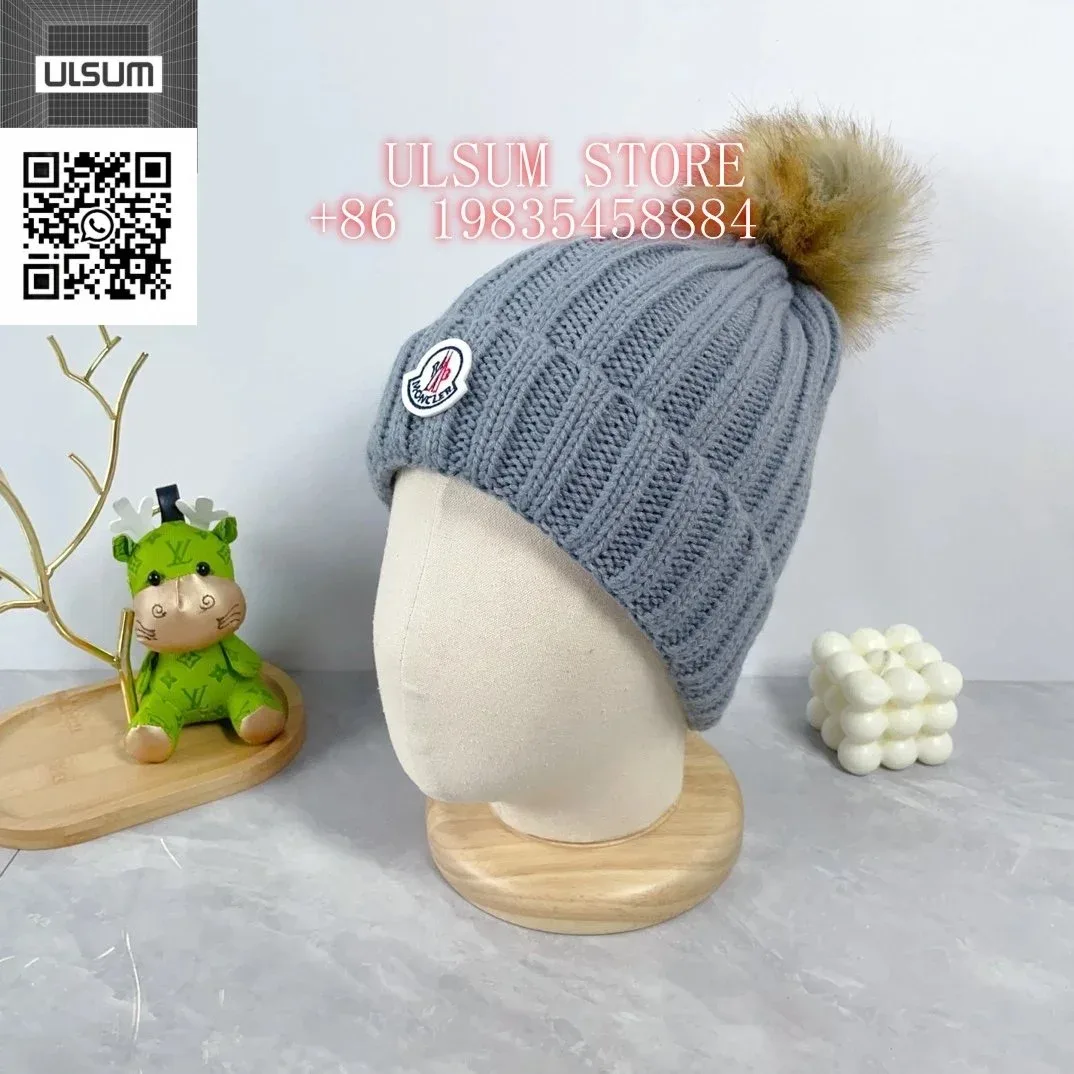 Moncler Grey Knit Beanie with Fur Pom