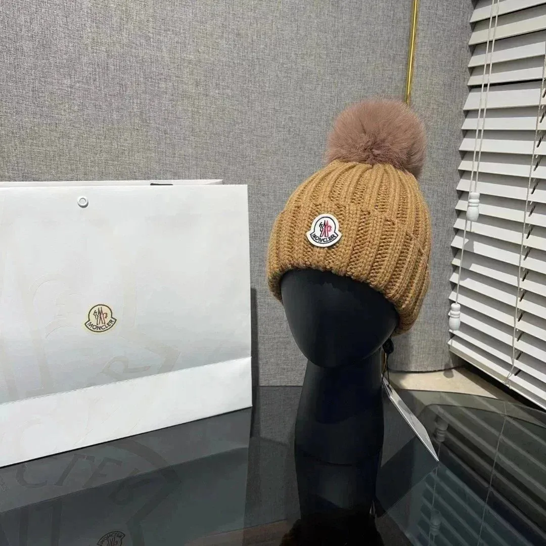 Moncler Beige Pom-Pom Knit Beanie Hat