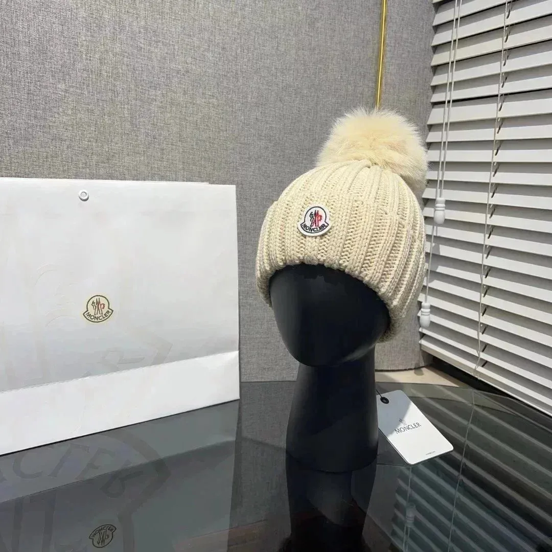 Moncler Beige Pom-Pom Knit Beanie Hat