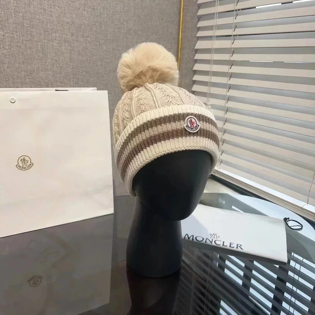 Moncler Beige Cable Knit Pom-Pom Beanie