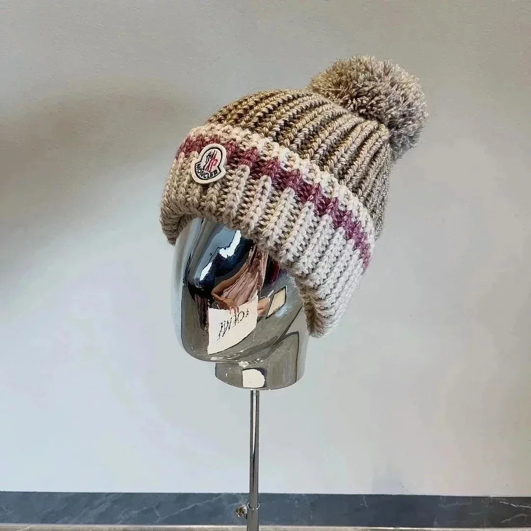 Moncler Beanie with Pom-Pom Beige & Burgundy