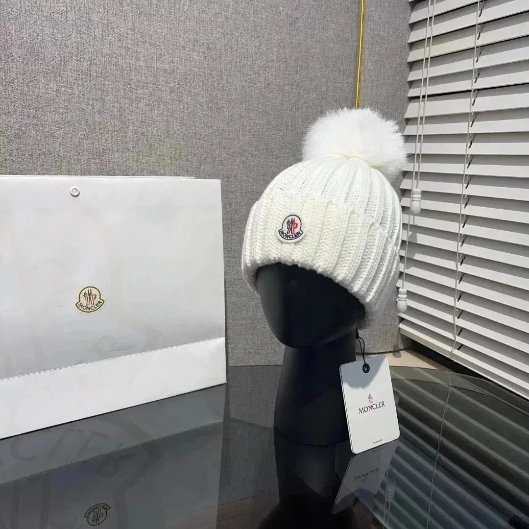 Moncler White Fur Pom Beanie Hat