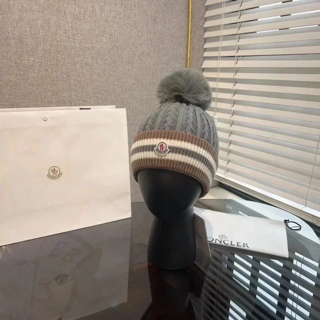 Moncler Grey Striped Pom Beanie Hat