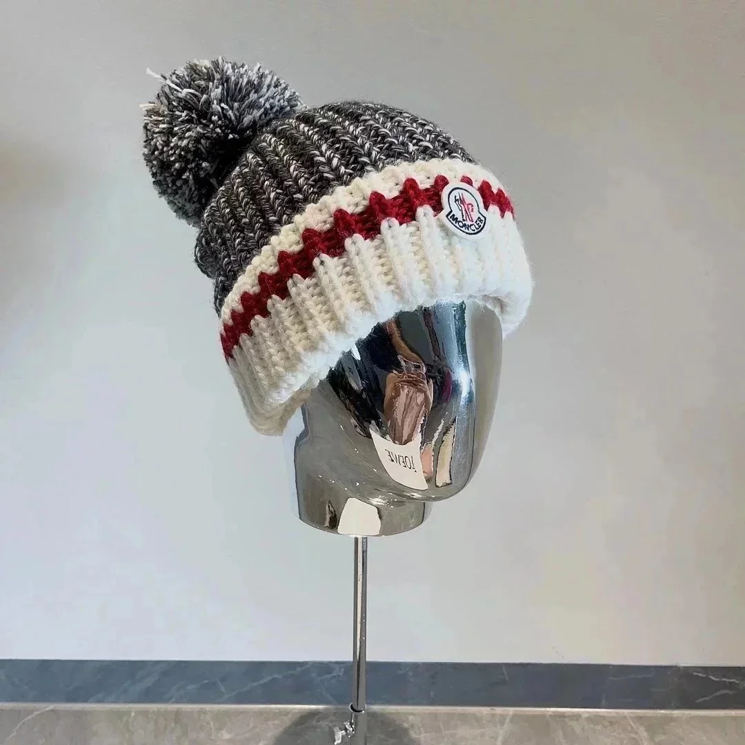 Moncler Grey/White Red Pom Beanie Hat