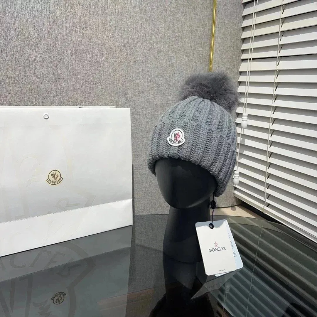 Moncler Grey Fox Fur Pom Beanie Hat