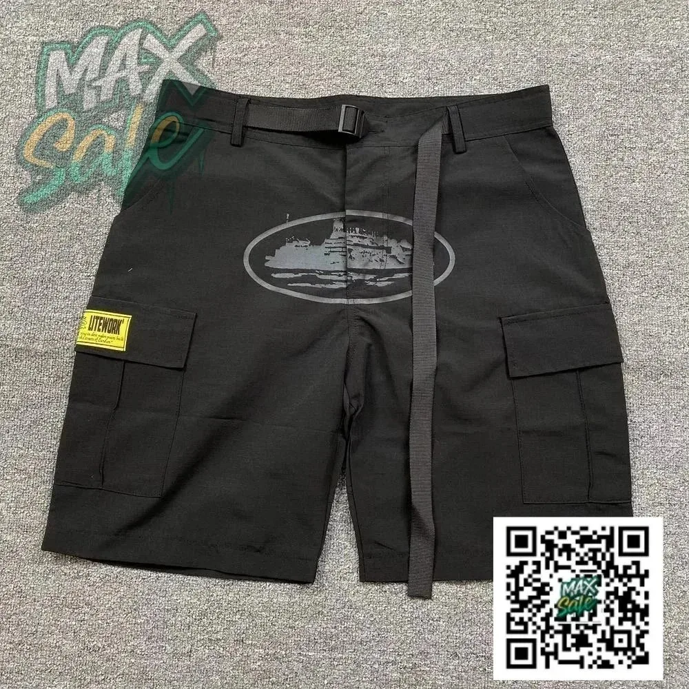 Black Cargo Shorts with Graphic Print and Belt