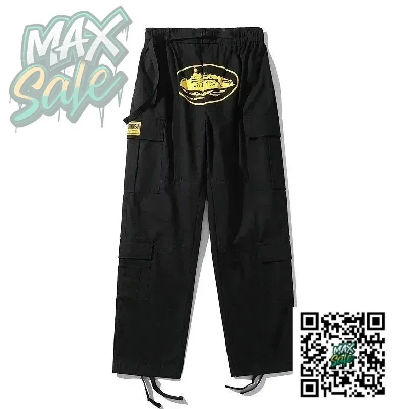 Black Multi-Pocket Cargo Pants with Gold Graphic