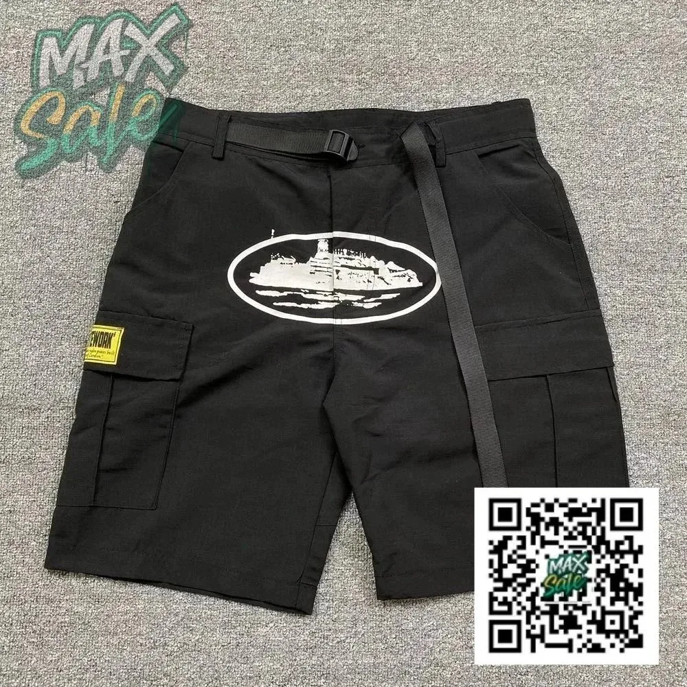 Black Cargo Shorts with Oval Print and Belt