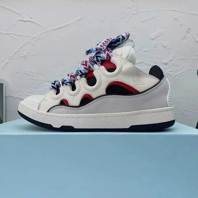 Unisex White Red Grey Leather Sneakers