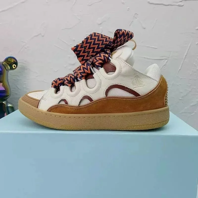 Unisex White & Brown Leather Sneakers with Zigzag Laces