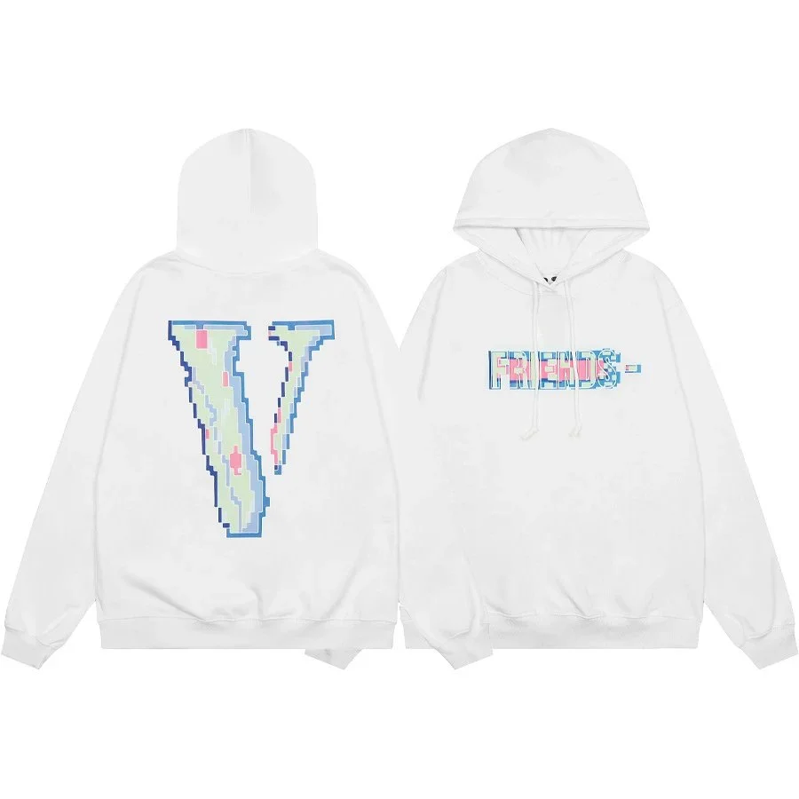 White Vlone Hoodie with Pixelated 'V' and 'FRIENDS' Print