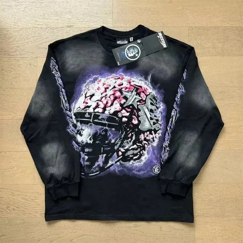 Hellstar Football Helmet Print Long Sleeve T-Shirt Black