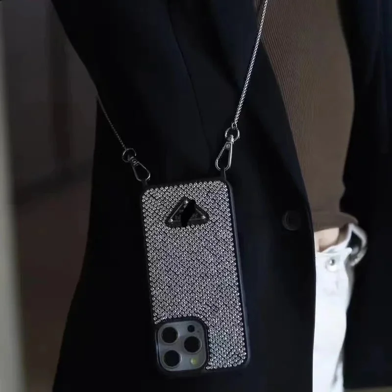 Silver Crystal Embellished Phone Case with Adjustable Chain