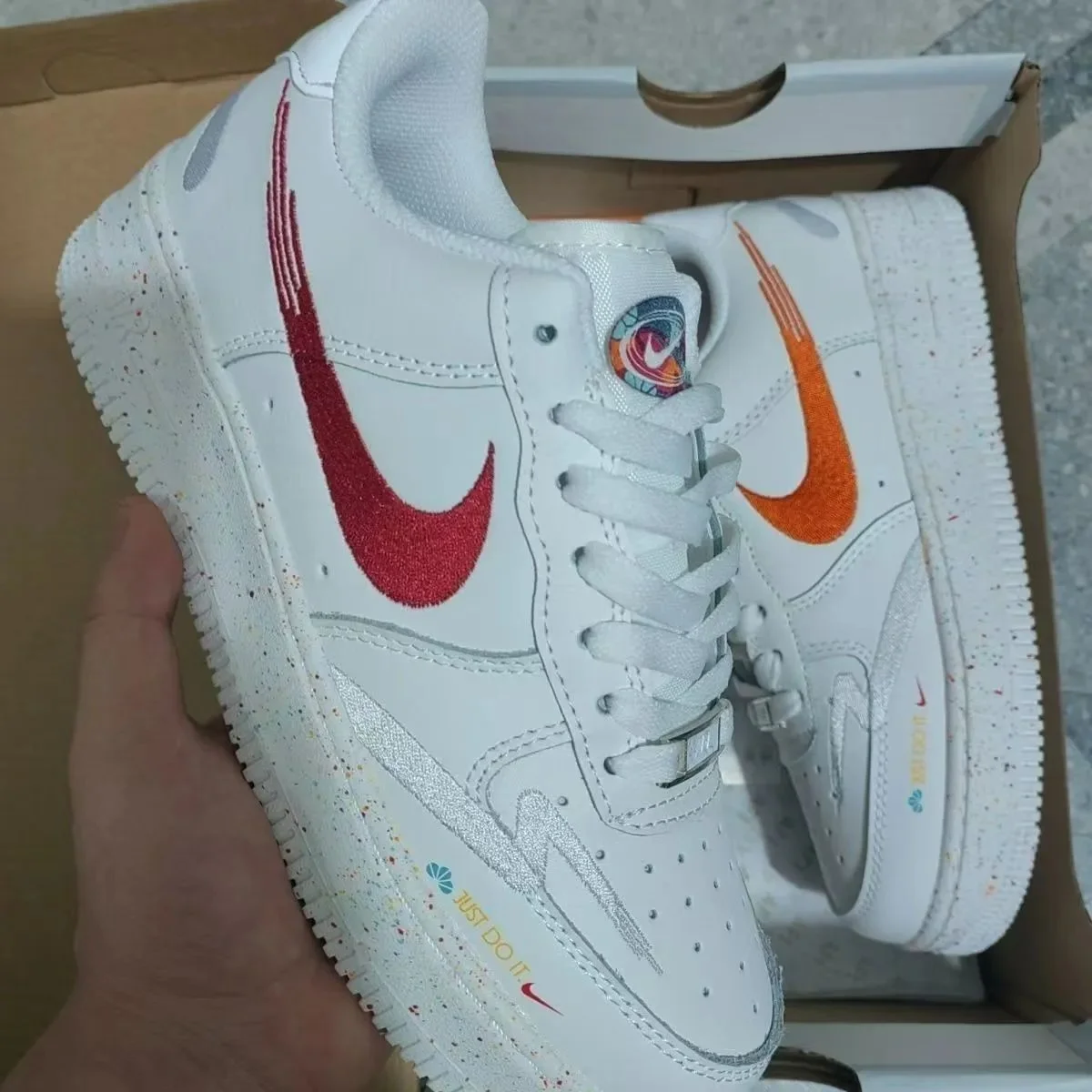 Nike Air Force 1 White Red Orange Speckled Sneakers