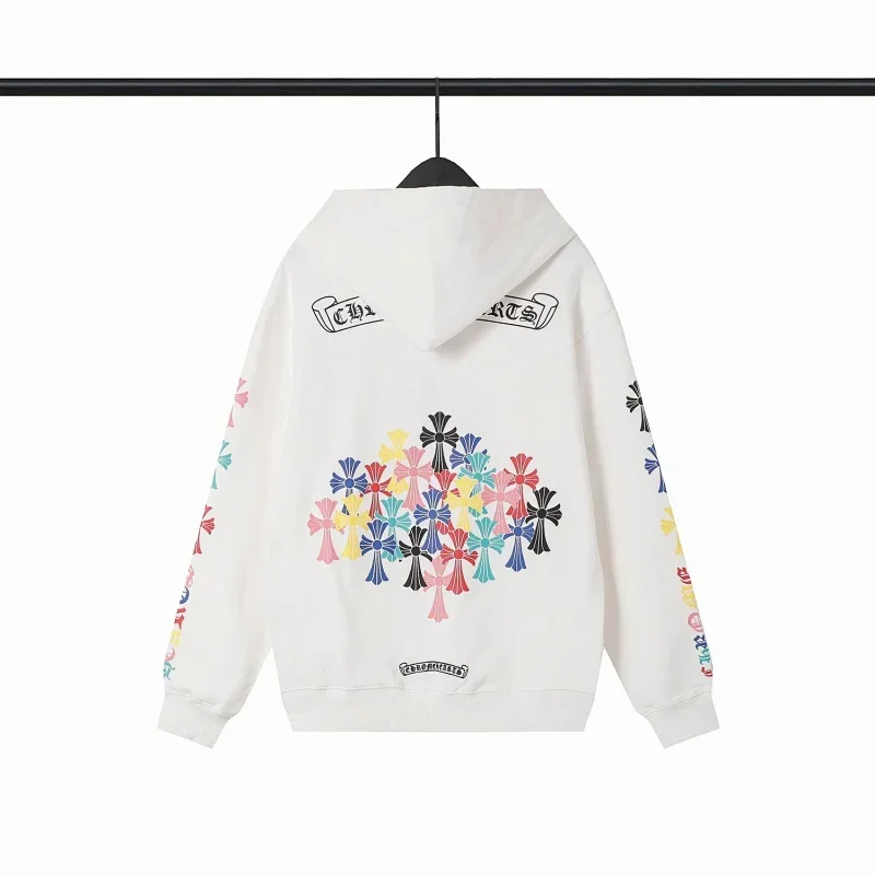 Chrome Hearts CH Cross White Hoodie with Colorful Embroidery