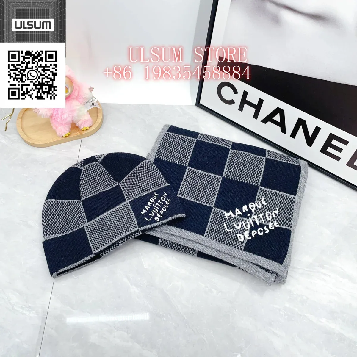 Louis Vuitton Tabi Beanie & Scarf Set Navy/Grey