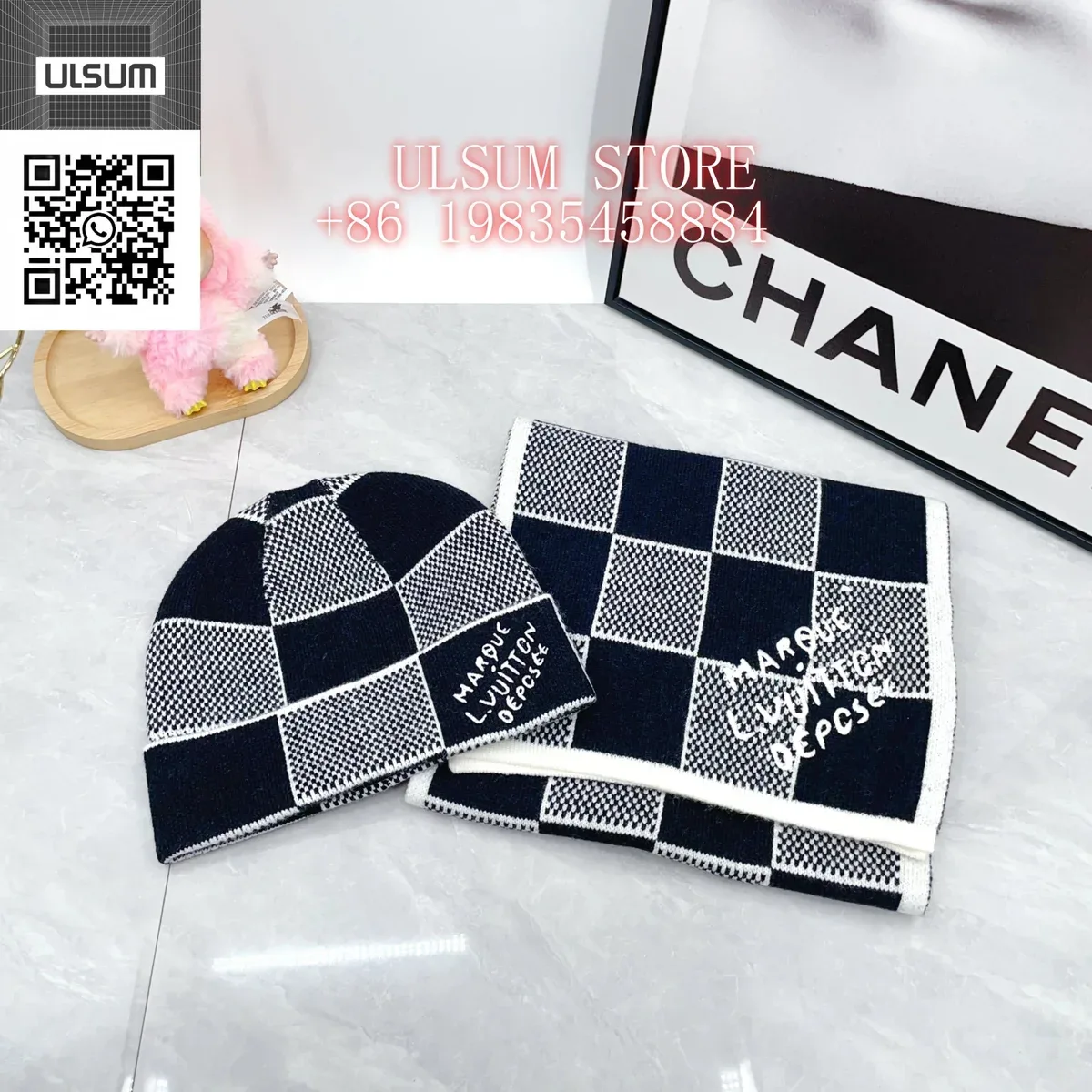 Louis Vuitton Tabi Checkered Beanie & Scarf Set