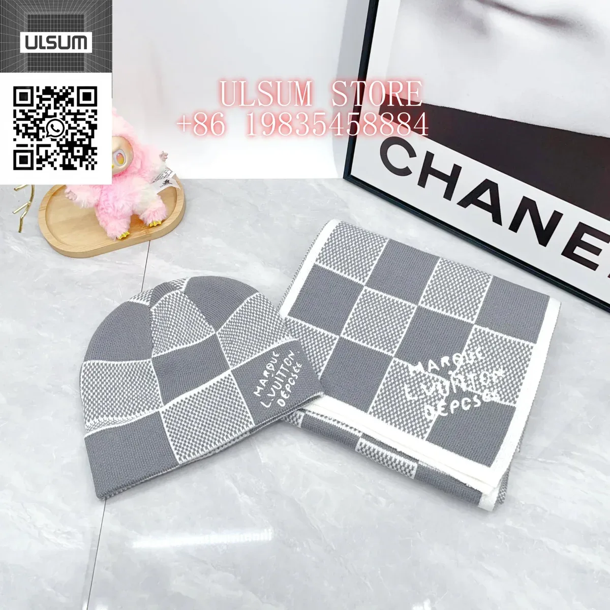 Louis Vuitton Tabi Grey & White Checkered Beanie & Scarf Set