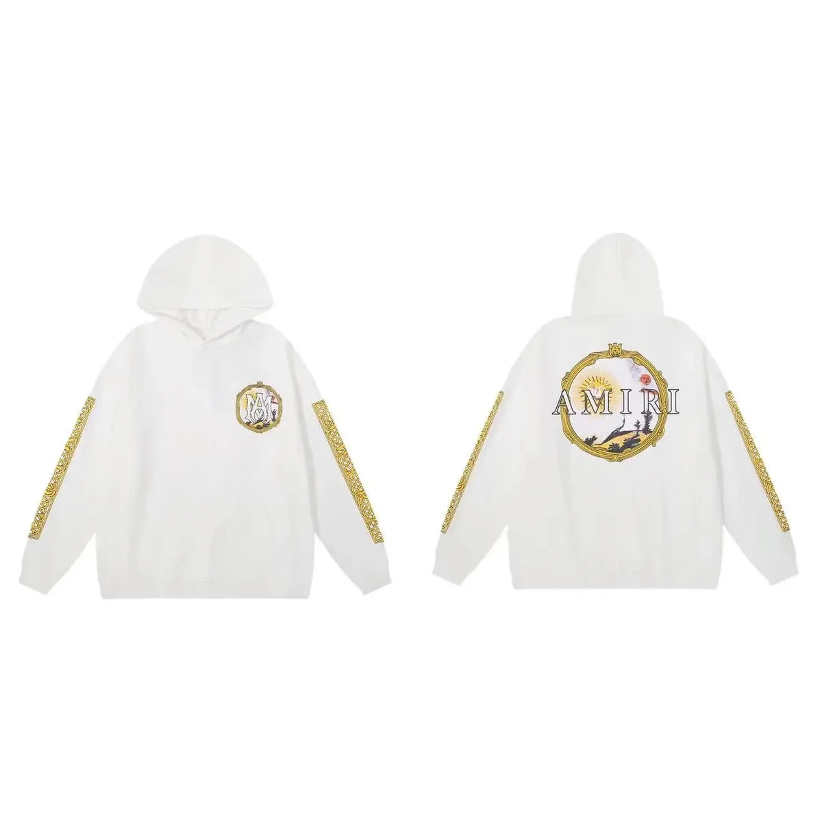 Amiri White AMRI Hoodie with Gold Sleeve Details