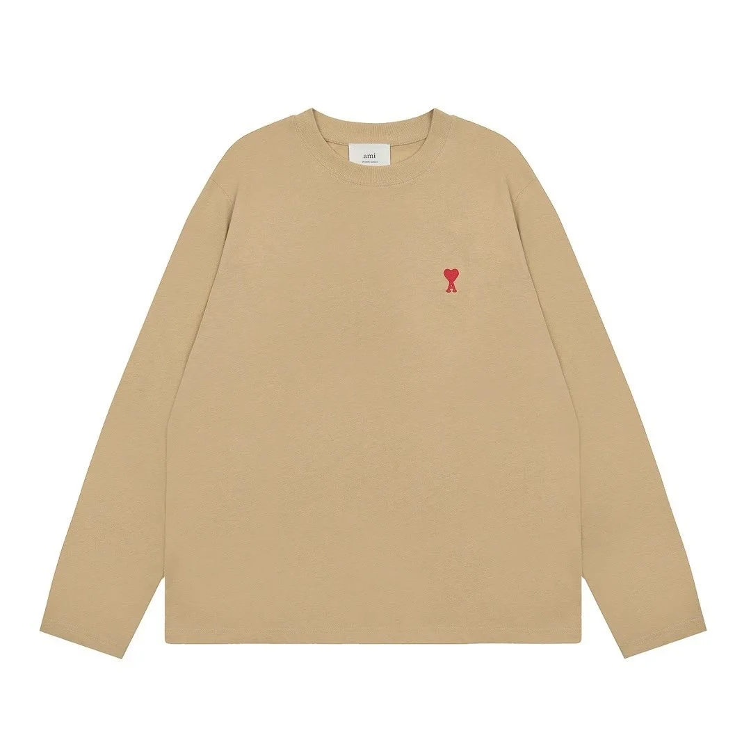 AMI Small Red Logo Beige Long Sleeve T-Shirt