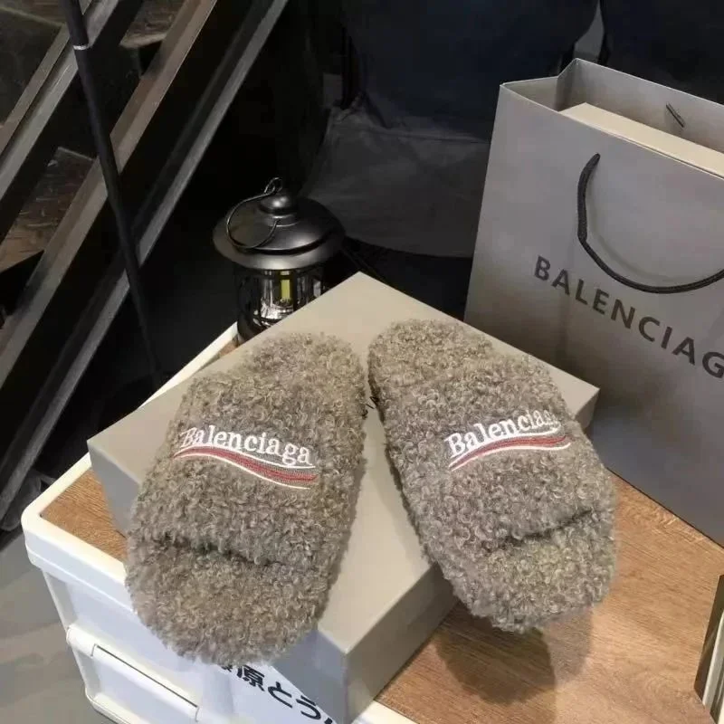 Balenciaga Grey Faux Fur Slippers