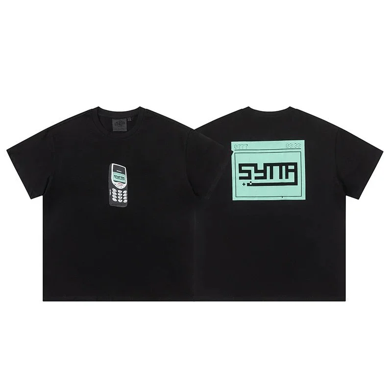 Black SYMP T-Shirt with Retro Phone Print