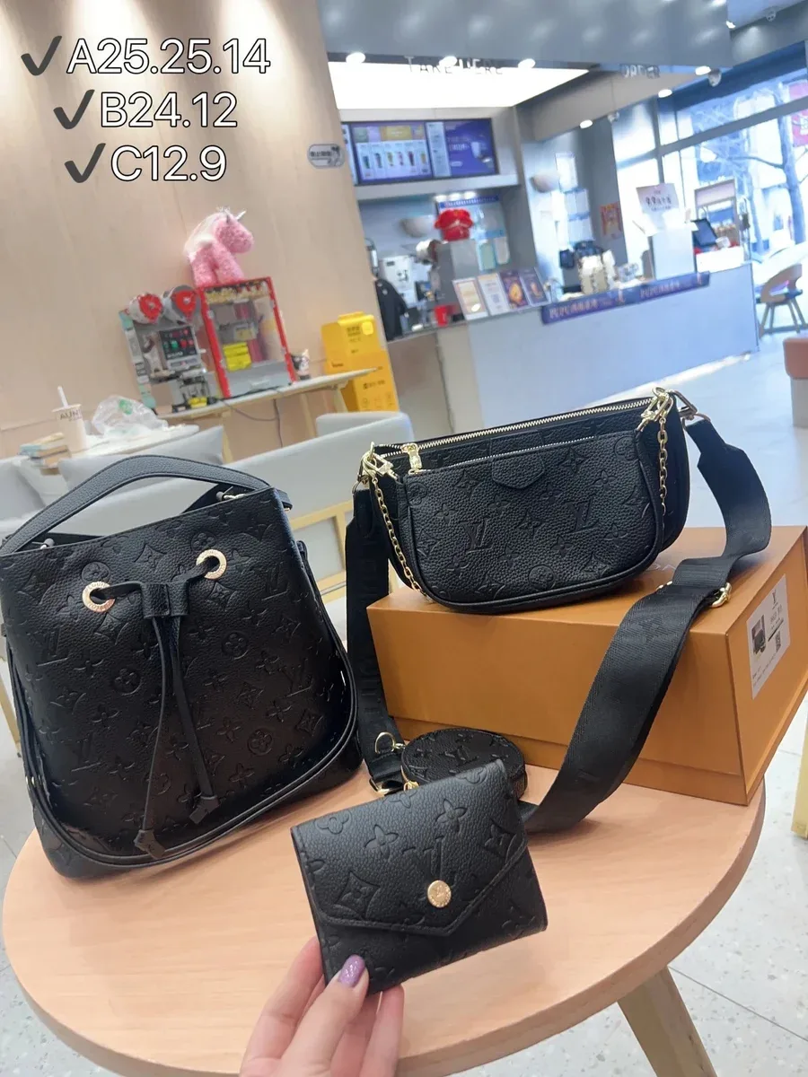 Louis Vuitton Neverfull Monogram Black Leather Handbag Set