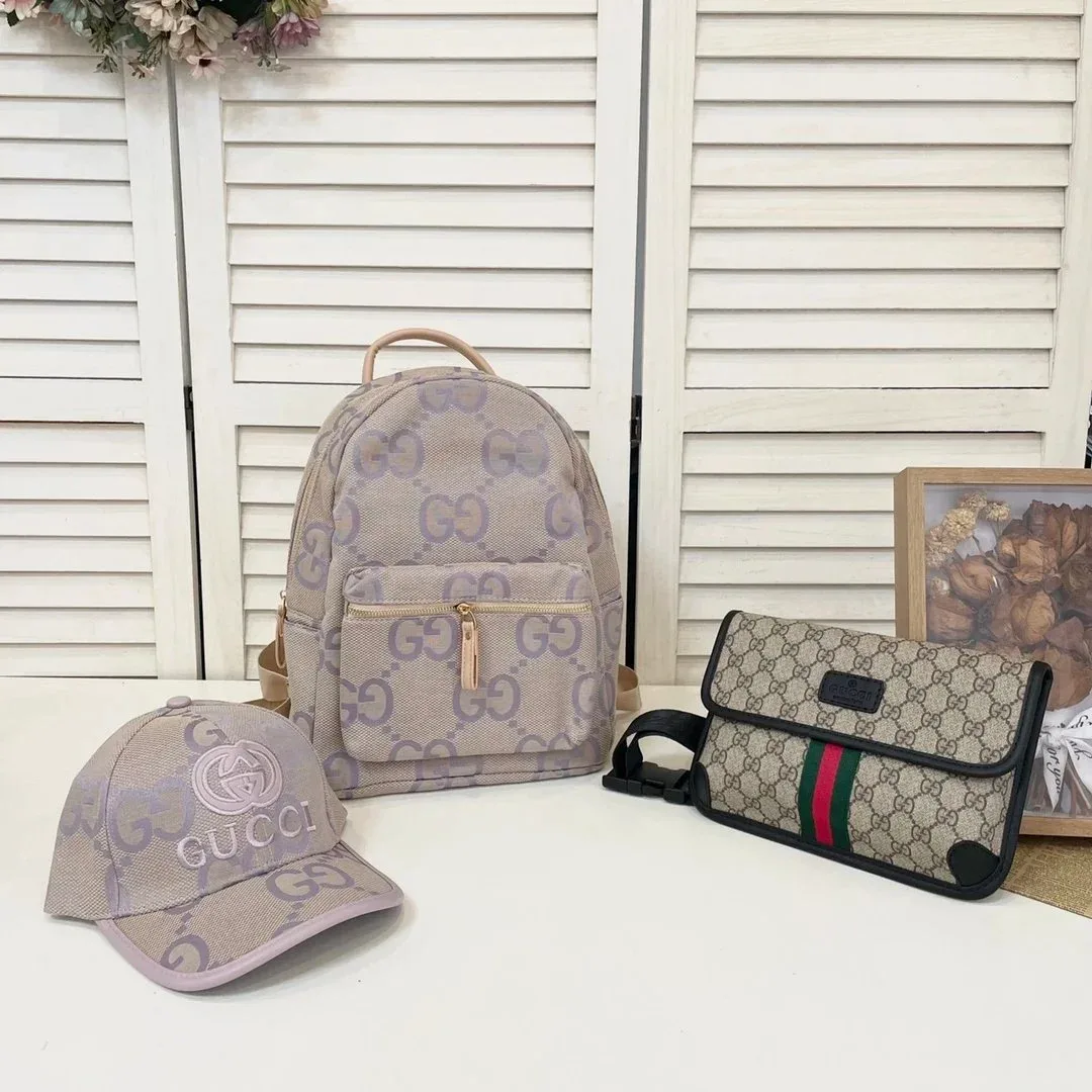 Gucci GG Supreme Beige & Purple Backpack, Cap & Belt Bag Set