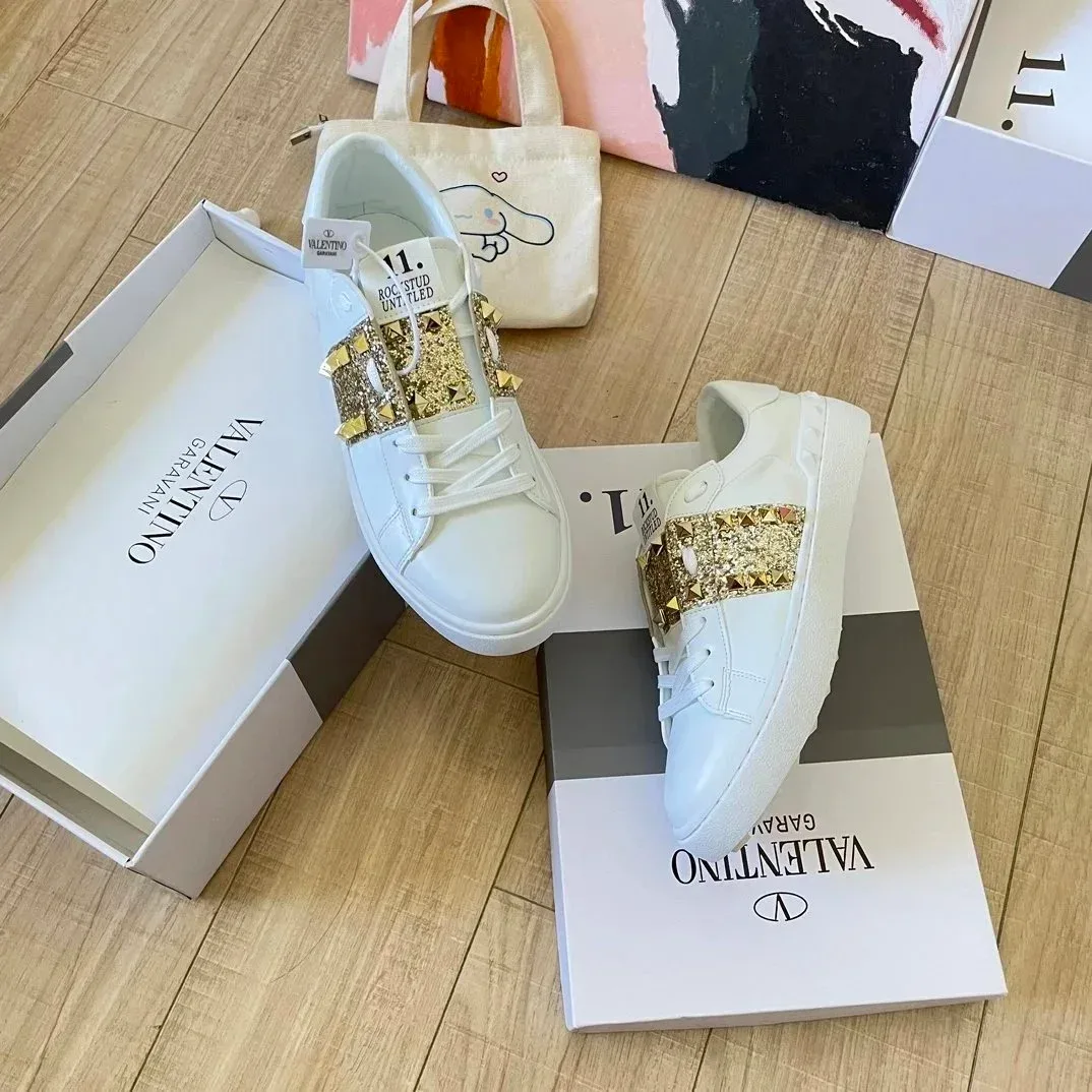 Valentino Rockstud Garavani White Gold Stud Sneakers