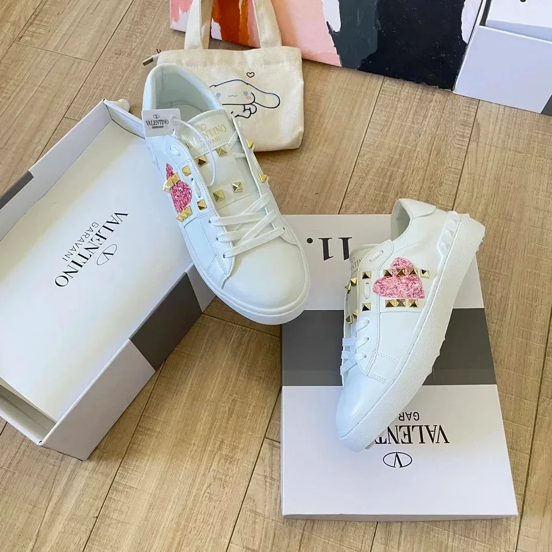 Valentino Rockstud White Leather Sneakers with Pink Heart Studs