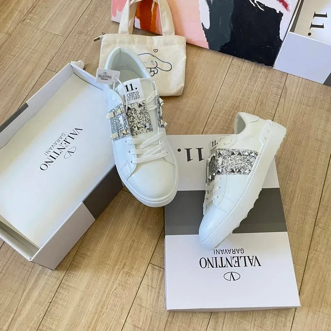 Valentino Rockstud White Crystal Embellished Sneakers