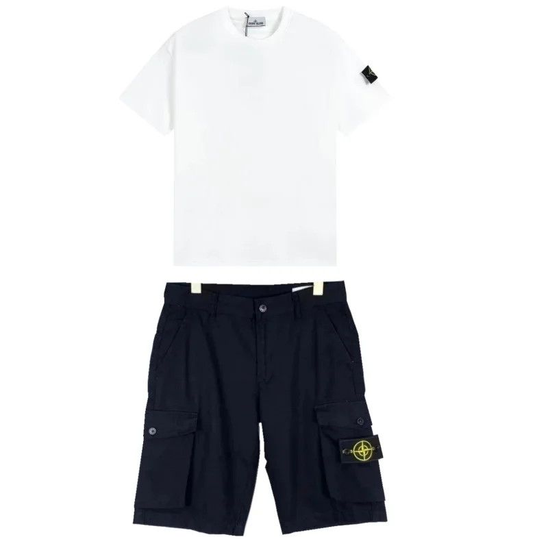 Stone Island 68-15 White T-Shirt & Black Cargo Shorts Set
