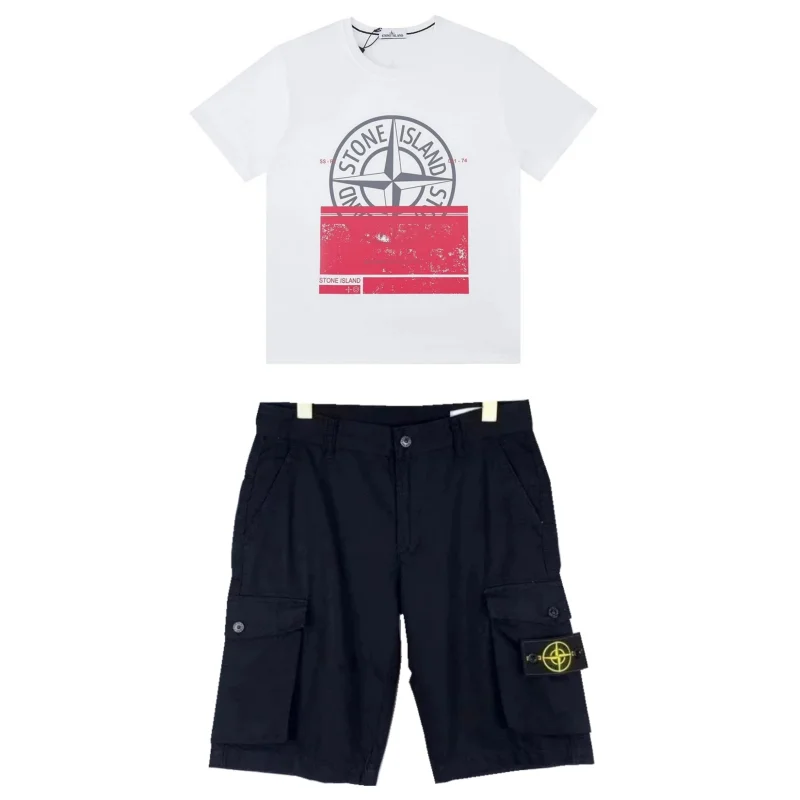 Stone Island OG Style 36 White T-Shirt & Black Cargo Shorts Set