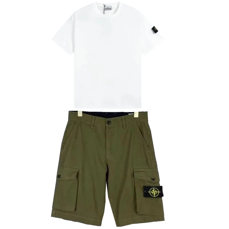 Stone Island 68-15 White T-Shirt & Olive Cargo Shorts Set