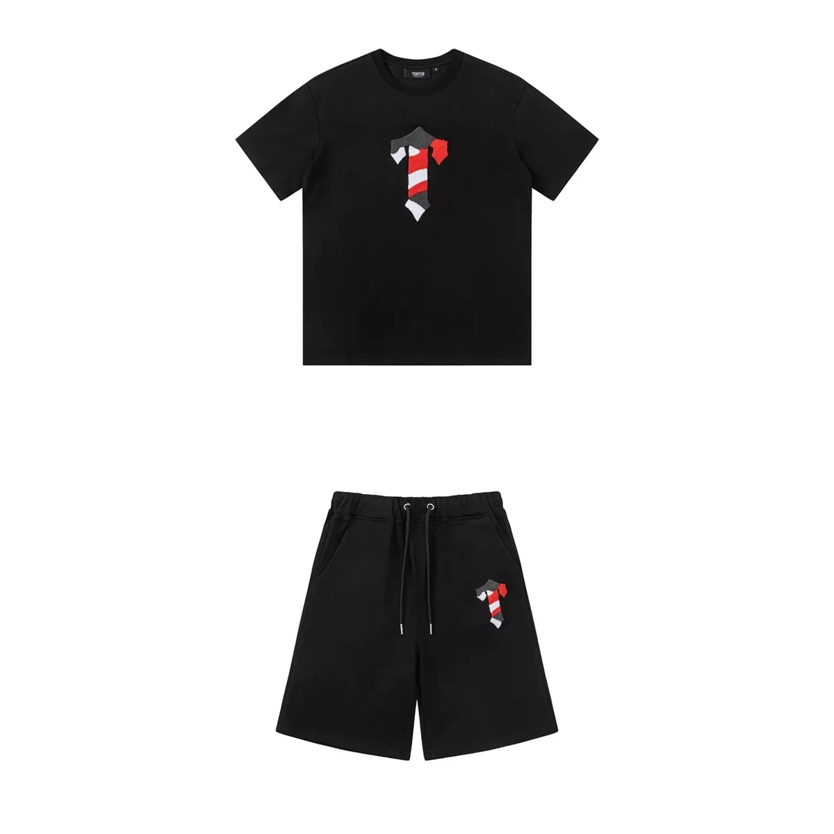 Black Red Grey Embroidered T-Shirt & Shorts Set
