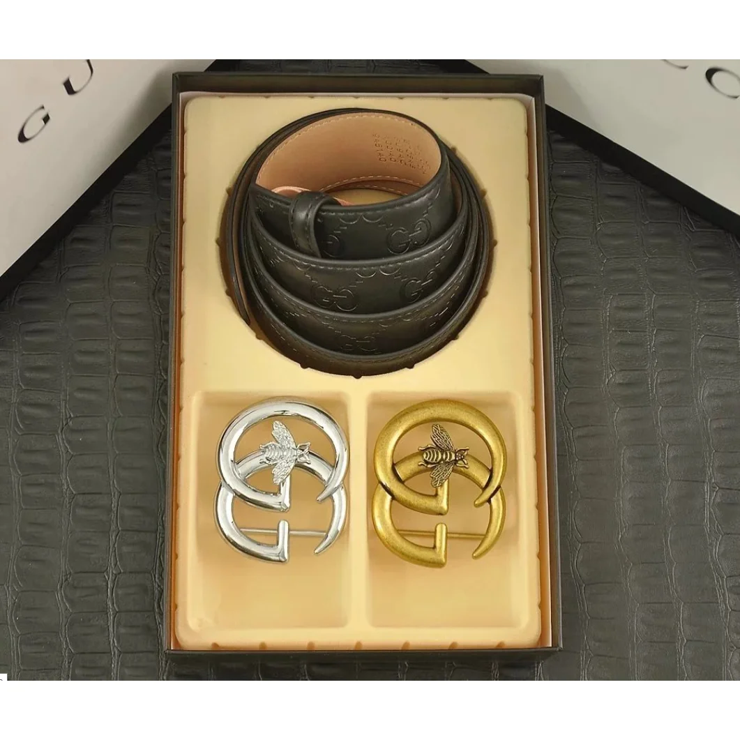 Gucci GG Marmont Bee Belt Set in Black & Gold
