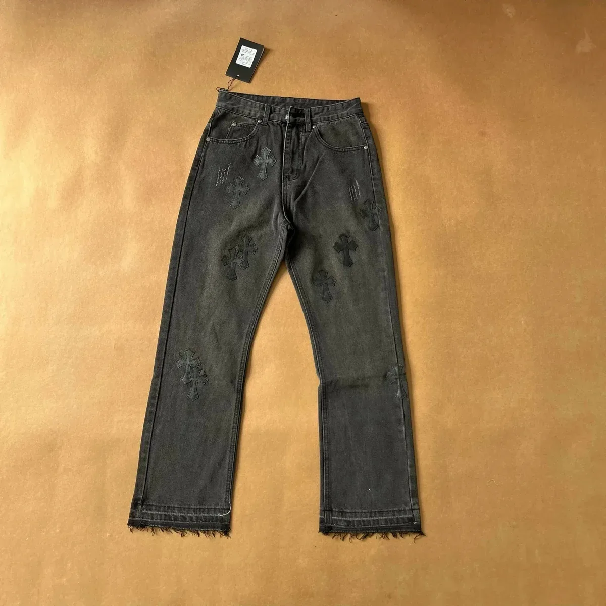 Unisex Cross Embroidered Denim Jeans Black