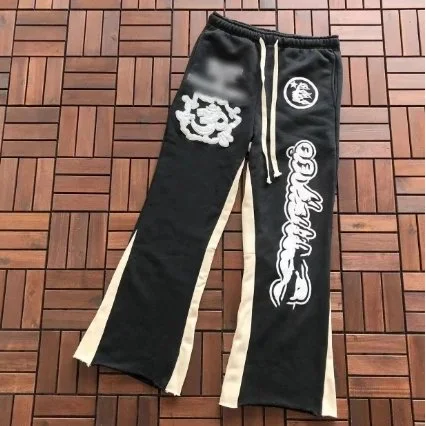 Black & Cream Panelled Sweatpants with Graphic Print